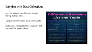 Working with Data Collections
Lists are ordered, mutable collections for
storing multiple items.
Tuples are similar to lists but are immutable.
Dictionaries store data in key-value pairs and
are useful for quick lookups.
 