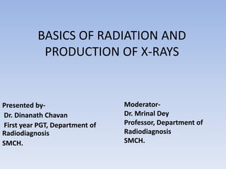 BASICS OF RADIATION AND
PRODUCTION OF X-RAYS

Presented byDr. Dinanath Chavan
First year PGT, Department of
Radiodiagnosis
SMCH.

ModeratorDr. Mrinal Dey
Professor, Department of
Radiodiagnosis
SMCH.

 