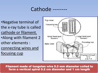 Cathode -------•Negative terminal of
the x-ray tube is called
cathode or filament.
•Along with filament 2
other elements :
connecting wires and
focusing cup
Filament made of tungsten wire 0.2 mm diameter coiled to
form a vertical spiral 0.2 cm diameter and 1 cm length

 