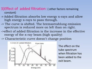 3)Effect of added filtration: ( other factors remaining
constant)
-> Added filtration absorbs low energy x-rays and allow
high energy x-rays to pass through.
-> The curve is shifted. The bremsstrahlung emission
spectrum is reduced more on left than on right.
->effect of added filtration is the increase in the effective
energy of the x-ray beam (high quality)
-> Characteristic curve doesn't change position
The effect on the
tube spectrum
when filtration has
been added to the
exit beam.

 