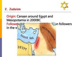 2. Judaism
Origin: Canaan around Egypt and
Mesopotamia in 2000BC
Followers: Jew(s), around 14.5 million followers
in the world.
 