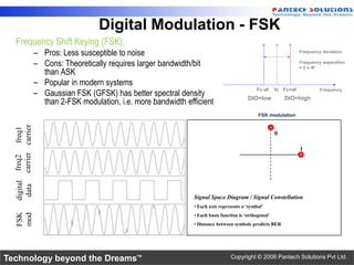Digital Modulation - FSK
  Frequency Shift Keying (FSK):
                          – Pros: Less susceptible to noise                                                                  Frequency deviation

                          – Cons: Theoretically requires larger bandwidth/bit                                                Frequency separation
                                                                                                                             = 2 x df
                            than ASK
                          – Popular in modern systems
                          – Gaussian FSK (GFSK) has better spectral density                             Fc-df
                                                                                                    DIO=low
                                                                                                                  fc Fc+df
                                                                                                                      DIO=high
                                                                                                                                      Frequency

                            than 2-FSK modulation, i.e. more bandwidth efficient
                                                                                                         FSK modulation
   data carrier carrier
  digital freq2 freq1




                                                                                                                  0

                                                                                                                             1




                                                                          Signal Space Diagram / Signal Constellation
                                                                          • Each axis represents a „symbol‟
   FSK
   mod




                                                                          • Each basis function is „orthogonal‟
                                                                          • Distance between symbols predicts BER




Technology beyond the Dreams™                                                              Copyright © 2006 Pantech Solutions Pvt Ltd.
 