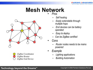 Mesh Network
                                 • Pros
                                   – Self healing
                                   – Easily extendable through
                                     multiple hops
                                   – End devices can be battery
                                     operated
                                   – Easy to deploy
                                   – Can be ZigBee certified
                                 • Cons
                                   – Router nodes needs to be mains
                                     powered
                                 • Example
            ZigBee Coordinator     – Lighting applications
            ZigBee Router
            ZigBee End Device      – Building Automation


Technology beyond the Dreams™              Copyright © 2006 Pantech Solutions Pvt Ltd.
 