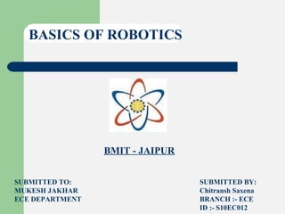 BASICS OF ROBOTICS
BMIT - JAIPUR
SUBMITTED BY:
Chitransh Saxena
BRANCH :- ECE
ID :- S10EC012
SUBMITTED TO:
MUKESH JAKHAR
ECE DEPARTMENT
 