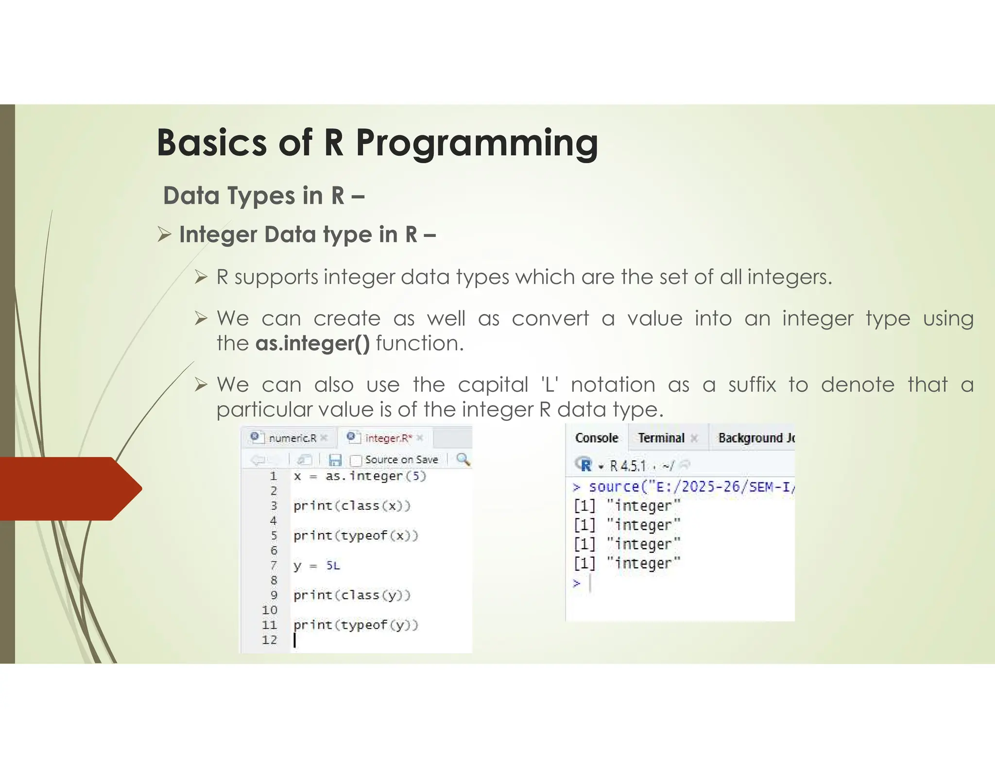 Basics of R Programming Data Types in R –  Integer Data type in R –  R supports integer data types which are the set of all integers.  We can create as well as convert a value into an integer type using the as.integer() function.  We can also use the capital 'L' notation as a suffix to denote that a particular value is of the integer R data type. 