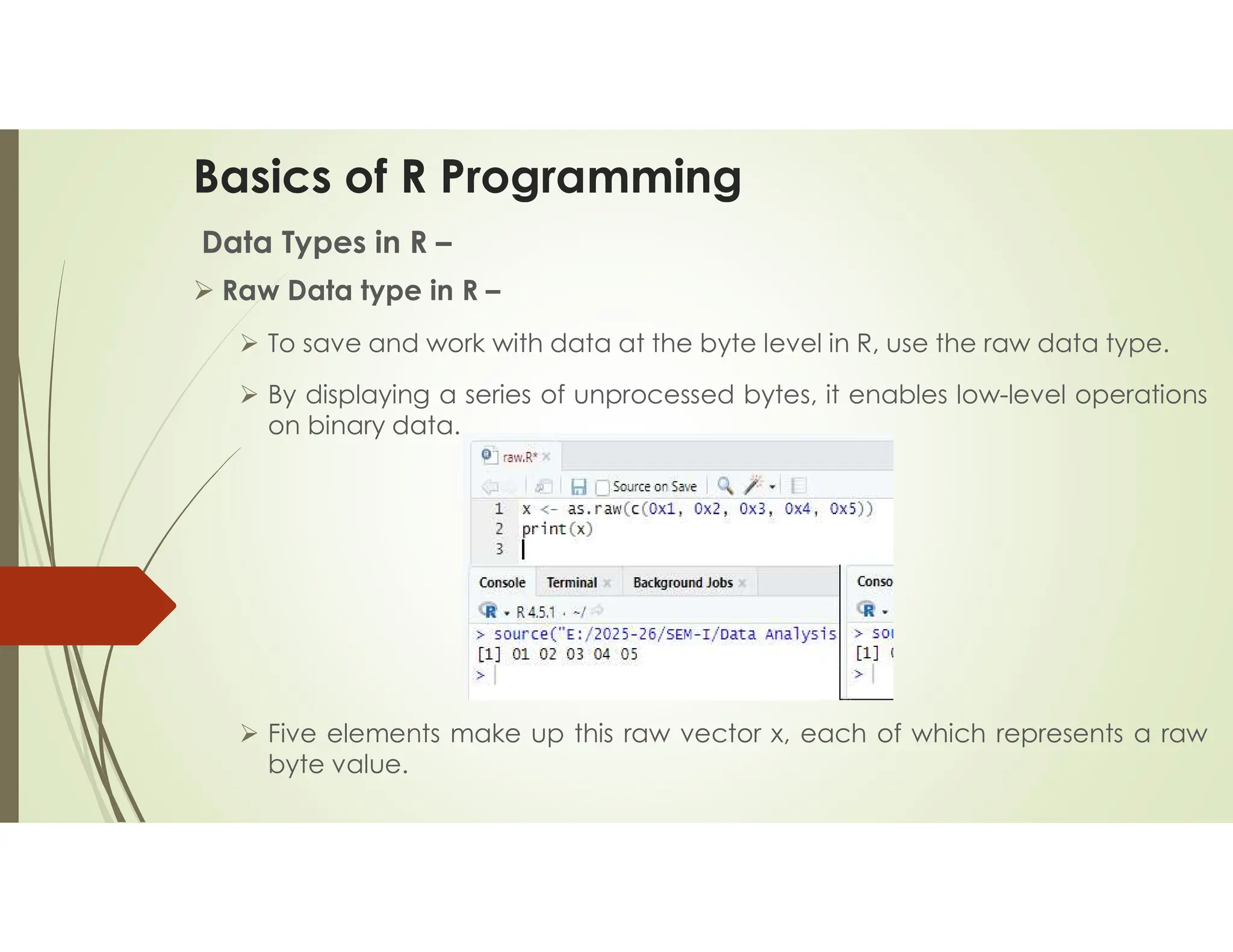 Basics of R Programming Data Types in R –  Raw Data type in R –  To save and work with data at the byte level in R, use the raw data type.  By displaying a series of unprocessed bytes, it enables low-level operations on binary data.  Five elements make up this raw vector x, each of which represents a raw byte value. 