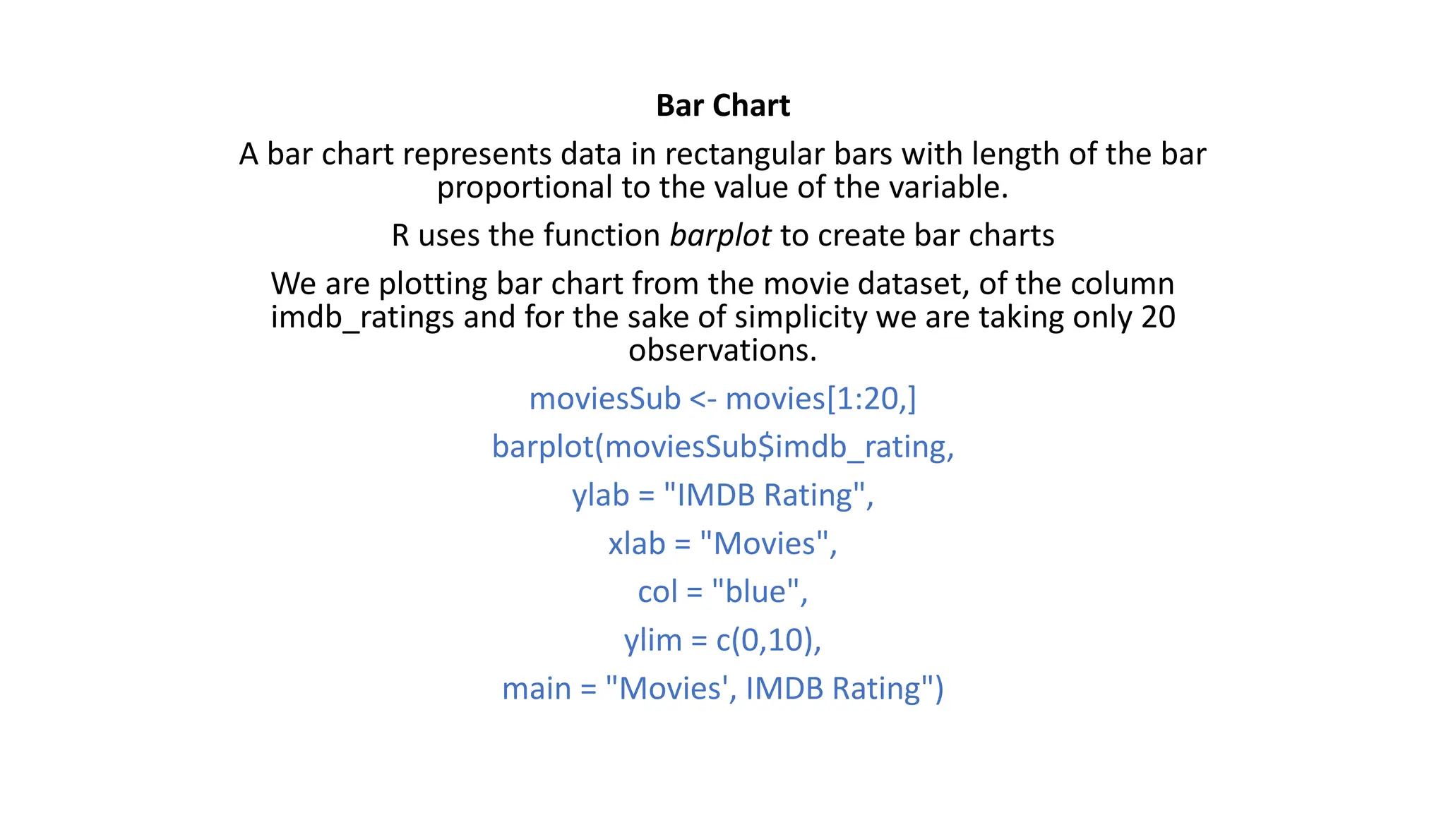 Bar Chart A bar chart represents data in rectangular bars with length of the bar proportional to the value of the variable. R uses the function barplot to create bar charts We are plotting bar chart from the movie dataset, of the column imdb_ratings and for the sake of simplicity we are taking only 20 observations. moviesSub <- movies[1:20,] barplot(moviesSub$imdb_rating, ylab = "IMDB Rating", xlab = "Movies", col = "blue", ylim = c(0,10), main = "Movies', IMDB Rating") 