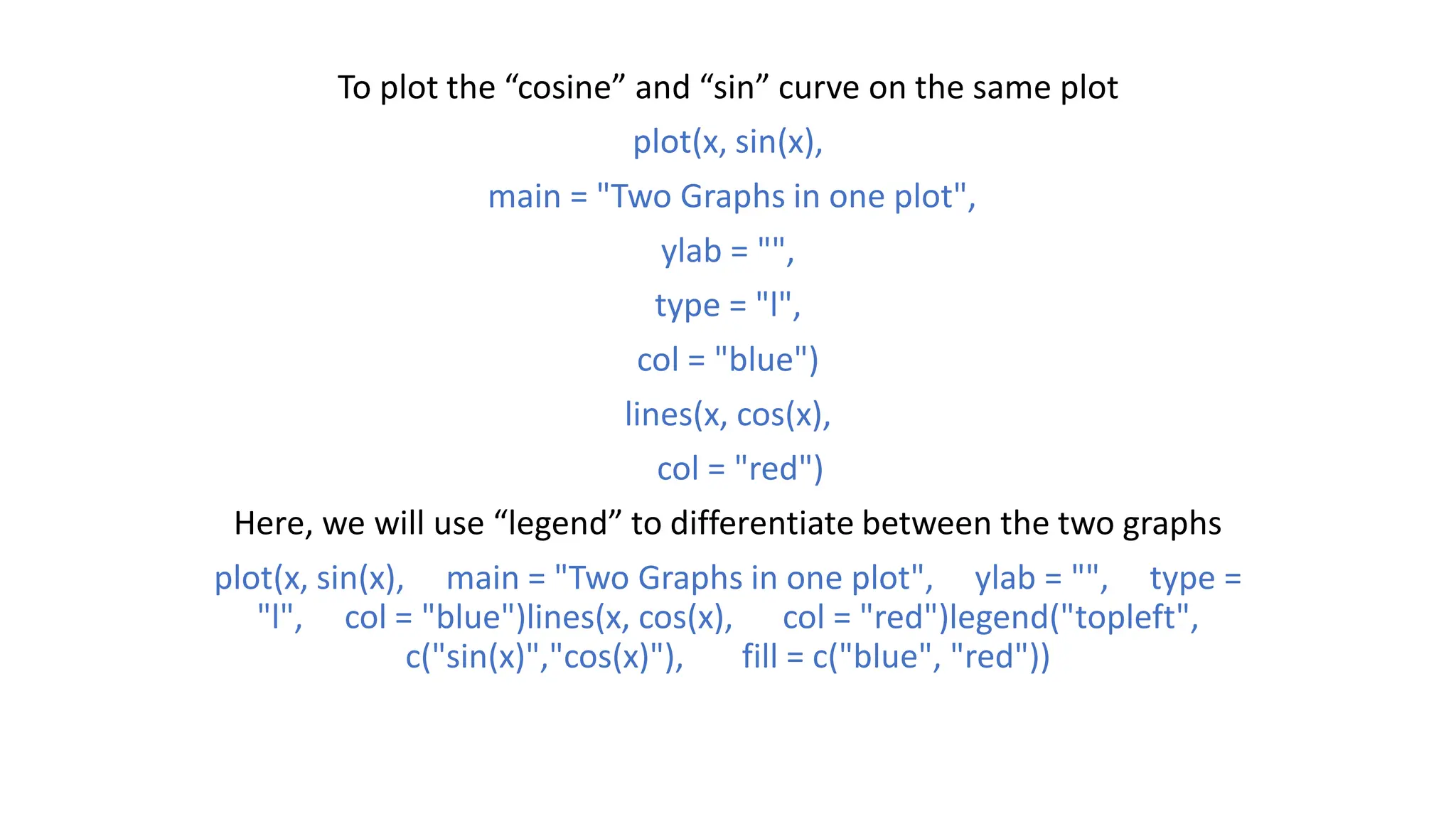 To plot the “cosine” and “sin” curve on the same plot plot(x, sin(x), main = "Two Graphs in one plot", ylab = "", type = "l", col = "blue") lines(x, cos(x), col = "red") Here, we will use “legend” to differentiate between the two graphs plot(x, sin(x), main = "Two Graphs in one plot", ylab = "", type = "l", col = "blue")lines(x, cos(x), col = "red")legend("topleft", c("sin(x)","cos(x)"), fill = c("blue", "red")) 