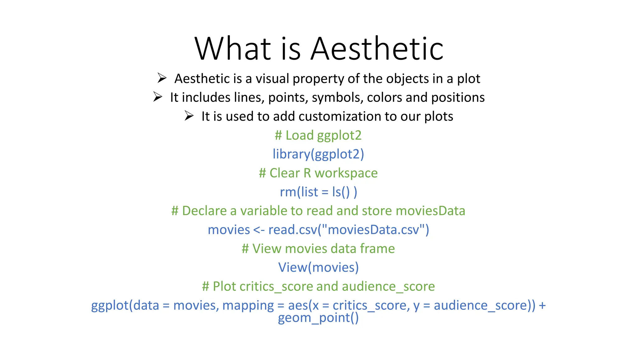 What is Aesthetic  Aesthetic is a visual property of the objects in a plot  It includes lines, points, symbols, colors and positions  It is used to add customization to our plots # Load ggplot2 library(ggplot2) # Clear R workspace rm(list = ls() ) # Declare a variable to read and store moviesData movies <- read.csv("moviesData.csv") # View movies data frame View(movies) # Plot critics_score and audience_score ggplot(data = movies, mapping = aes(x = critics_score, y = audience_score)) + geom_point() 