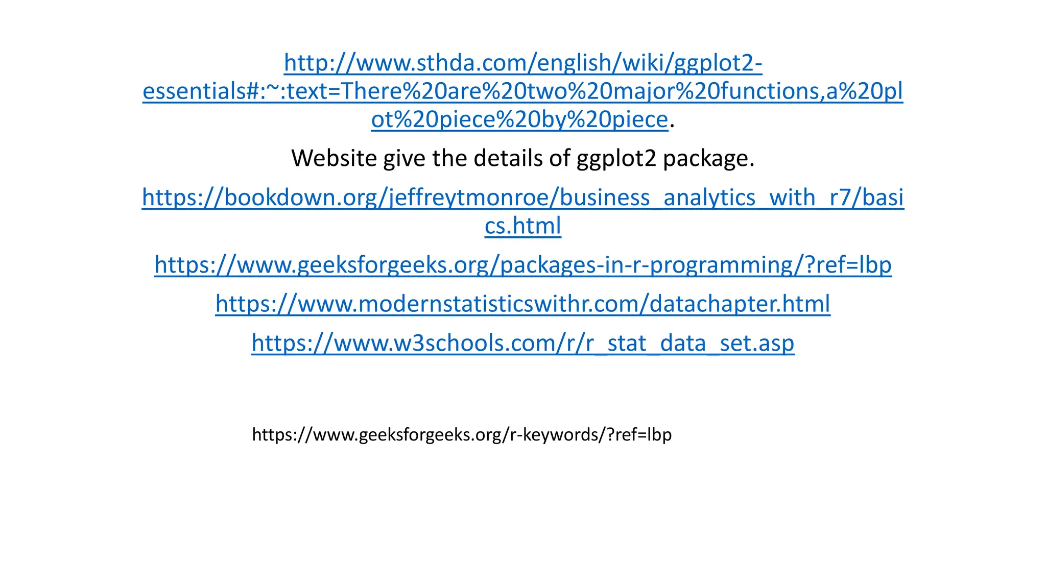 http://www.sthda.com/english/wiki/ggplot2- essentials#:~:text=There%20are%20two%20major%20functions,a%20pl ot%20piece%20by%20piece. Website give the details of ggplot2 package. https://bookdown.org/jeffreytmonroe/business_analytics_with_r7/basi cs.html https://www.geeksforgeeks.org/packages-in-r-programming/?ref=lbp https://www.modernstatisticswithr.com/datachapter.html https://www.w3schools.com/r/r_stat_data_set.asp https://www.geeksforgeeks.org/r-keywords/?ref=lbp 