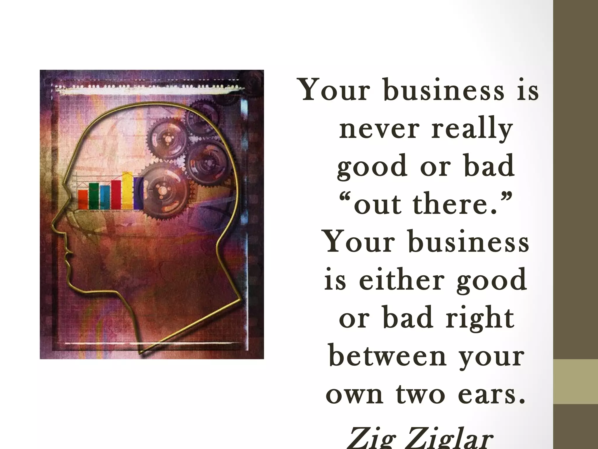 Your business is 
never really 
good or bad 
“out there.” 
Your business 
is either good 
or bad right 
between your 
own two ears. 
Zig Ziglar 
 