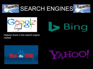 SEARCH ENGINES
Highest share in the search engine
market
 