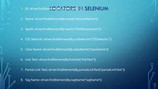 LOCATORS IN SELENIUM
1. ID: driver.findElement(By.id("elementID"))
2. Name: driver.findElement(By.name("elementName"))
3. Xpath: driver.findElement(By.xpath(“XPathExpression”))
4. CSS Selector: driver.findElement(By.cssSelector("CSSSelector"))
5. Class Name: driver.findElement(By.className("className"))
6. Link Text: driver.findElement(By.linkText("linkText"))
7. Partial Link Text: driver.findElement(By.partialLinkText("partialLinkText"))
8. Tag Name: driver.findElement(By.tagName(“tagName”))
 