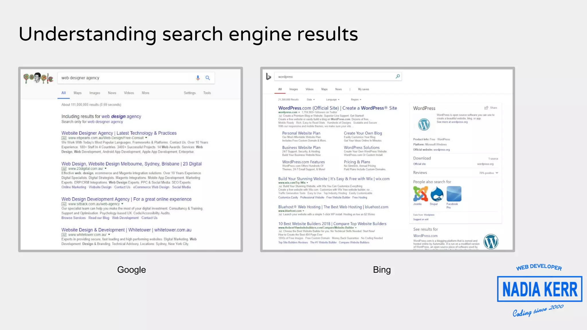 Understanding search engine results
Google Bing
 