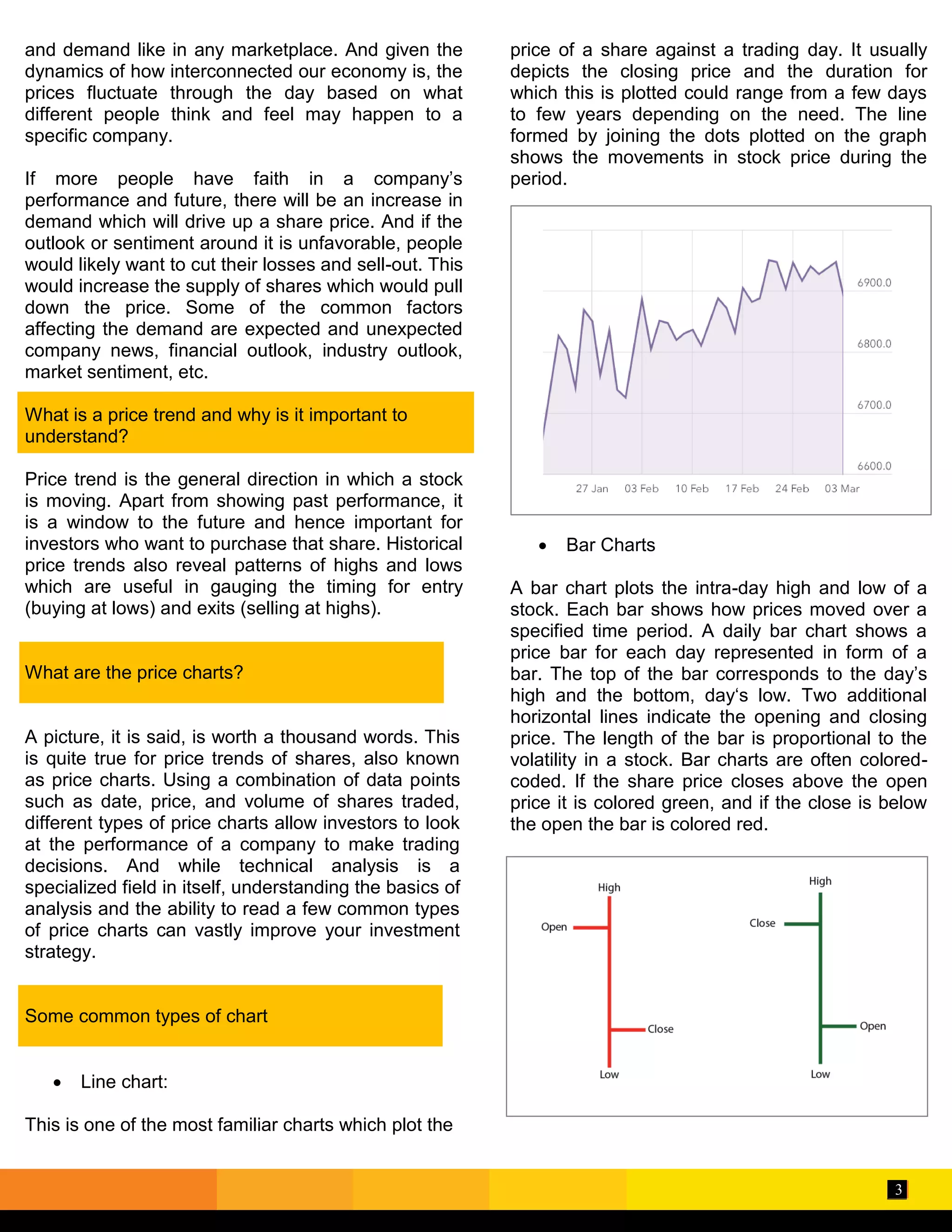 3
and demand like in any marketplace. And given the
dynamics of how interconnected our economy is, the
prices fluctuate through the day based on what
different people think and feel may happen to a
specific company.
If more people have faith in a company’s
performance and future, there will be an increase in
demand which will drive up a share price. And if the
outlook or sentiment around it is unfavorable, people
would likely want to cut their losses and sell-out. This
would increase the supply of shares which would pull
down the price. Some of the common factors
affecting the demand are expected and unexpected
company news, financial outlook, industry outlook,
market sentiment, etc.
What is a price trend and why is it important to
understand?
Price trend is the general direction in which a stock
is moving. Apart from showing past performance, it
is a window to the future and hence important for
investors who want to purchase that share. Historical
price trends also reveal patterns of highs and lows
which are useful in gauging the timing for entry
(buying at lows) and exits (selling at highs).
What are the price charts?
A picture, it is said, is worth a thousand words. This
is quite true for price trends of shares, also known
as price charts. Using a combination of data points
such as date, price, and volume of shares traded,
different types of price charts allow investors to look
at the performance of a company to make trading
decisions. And while technical analysis is a
specialized field in itself, understanding the basics of
analysis and the ability to read a few common types
of price charts can vastly improve your investment
strategy.
Some common types of chart
 Line chart:
This is one of the most familiar charts which plot the
price of a share against a trading day. It usually
depicts the closing price and the duration for
which this is plotted could range from a few days
to few years depending on the need. The line
formed by joining the dots plotted on the graph
shows the movements in stock price during the
period.
 Bar Charts
A bar chart plots the intra-day high and low of a
stock. Each bar shows how prices moved over a
specified time period. A daily bar chart shows a
price bar for each day represented in form of a
bar. The top of the bar corresponds to the day’s
high and the bottom, day‘s low. Two additional
horizontal lines indicate the opening and closing
price. The length of the bar is proportional to the
volatility in a stock. Bar charts are often colored-
coded. If the share price closes above the open
price it is colored green, and if the close is below
the open the bar is colored red.
 
