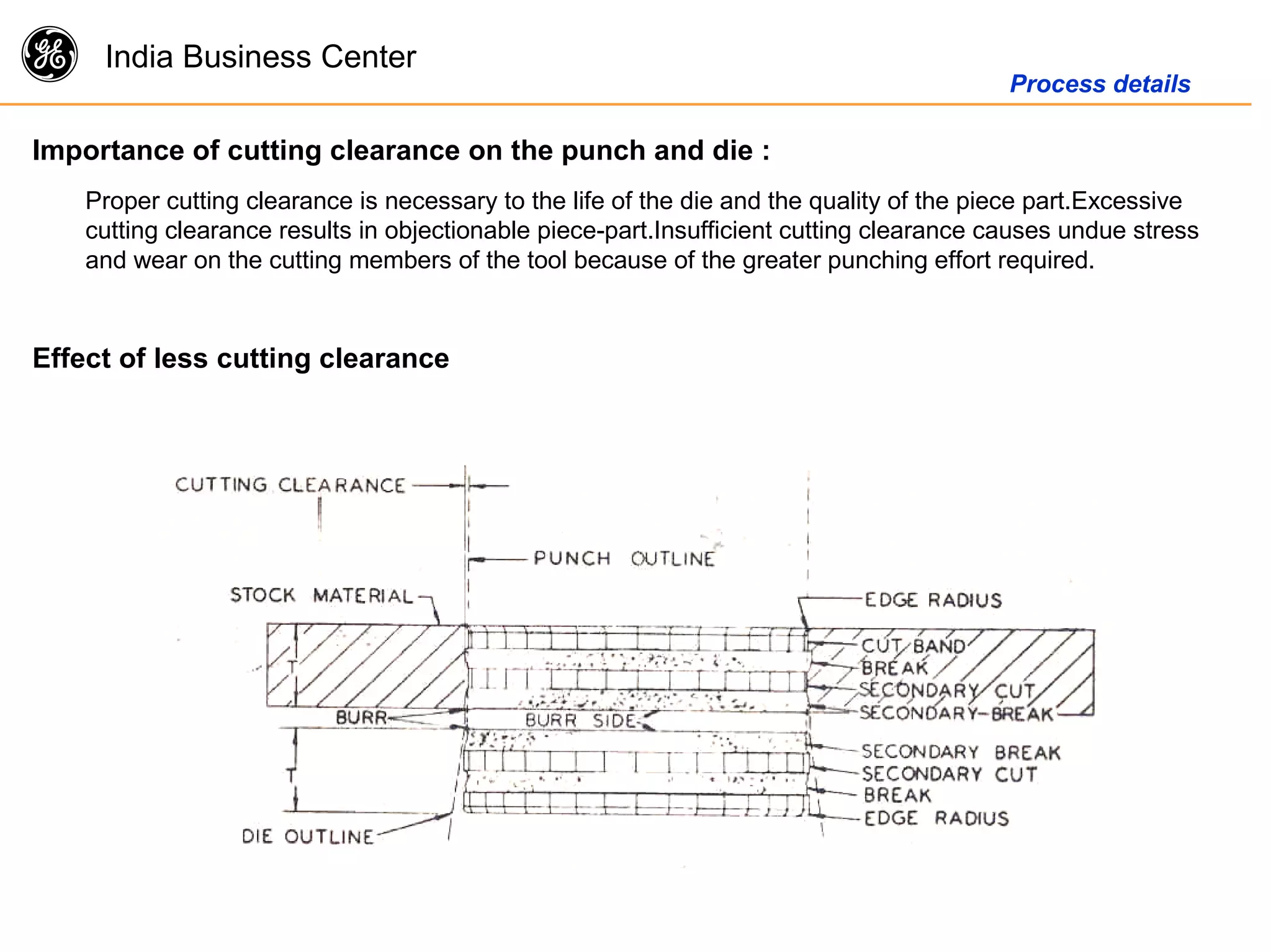 g India Business Center
Process details
Importance of cutting clearance on the punch and die :
Proper cutting clearance is necessary to the life of the die and the quality of the piece part.Excessive
cutting clearance results in objectionable piece-part.Insufficient cutting clearance causes undue stress
and wear on the cutting members of the tool because of the greater punching effort required.
Effect of less cutting clearance
 