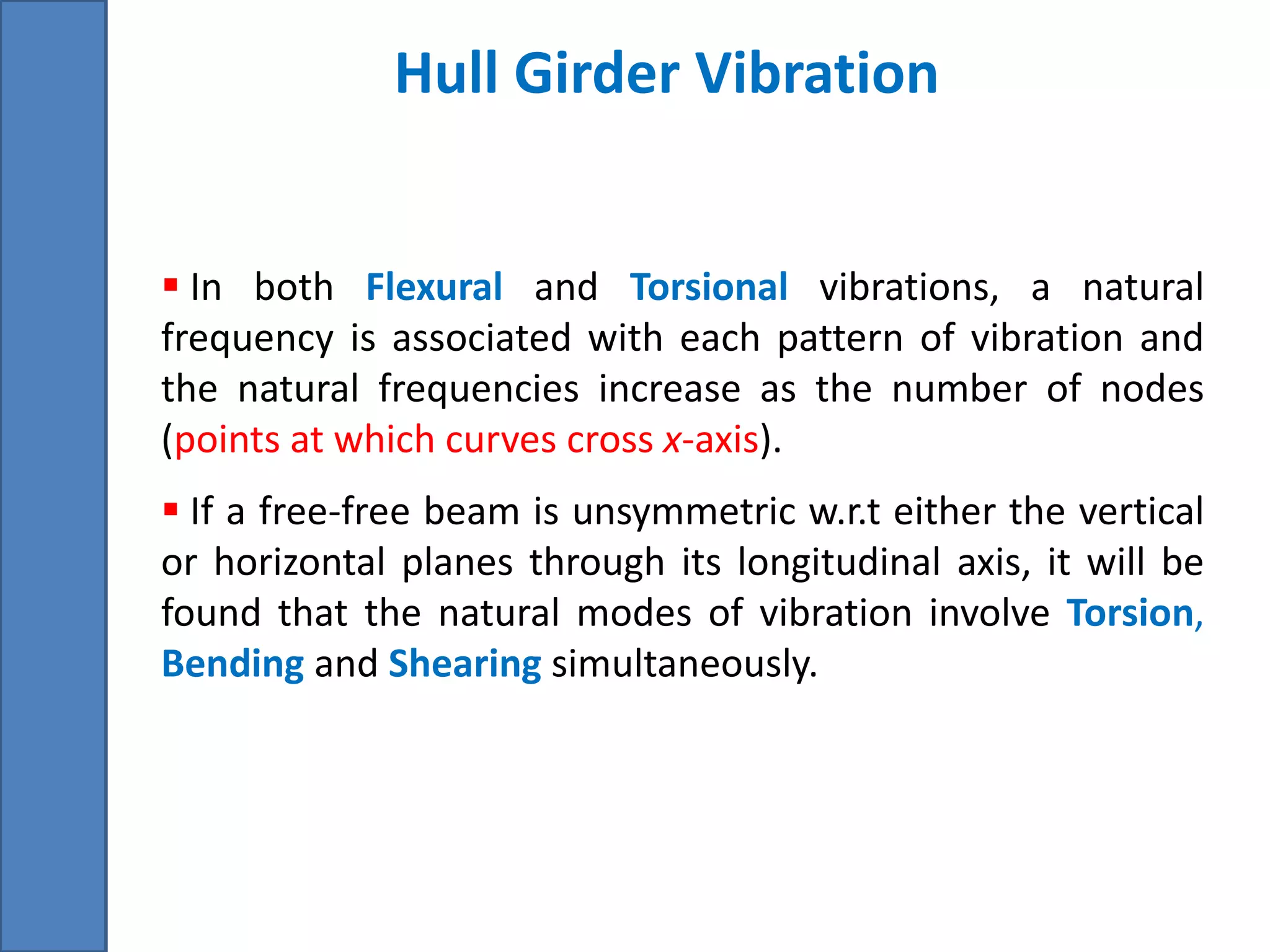 Hull Girder Vibration
 In both Flexural and Torsional vibrations, a natural
frequency is associated with each pattern of vibration and
the natural frequencies increase as the number of nodes
(points at which curves cross x-axis).
 If a free-free beam is unsymmetric w.r.t either the vertical
or horizontal planes through its longitudinal axis, it will be
found that the natural modes of vibration involve Torsion,
Bending and Shearing simultaneously.
 