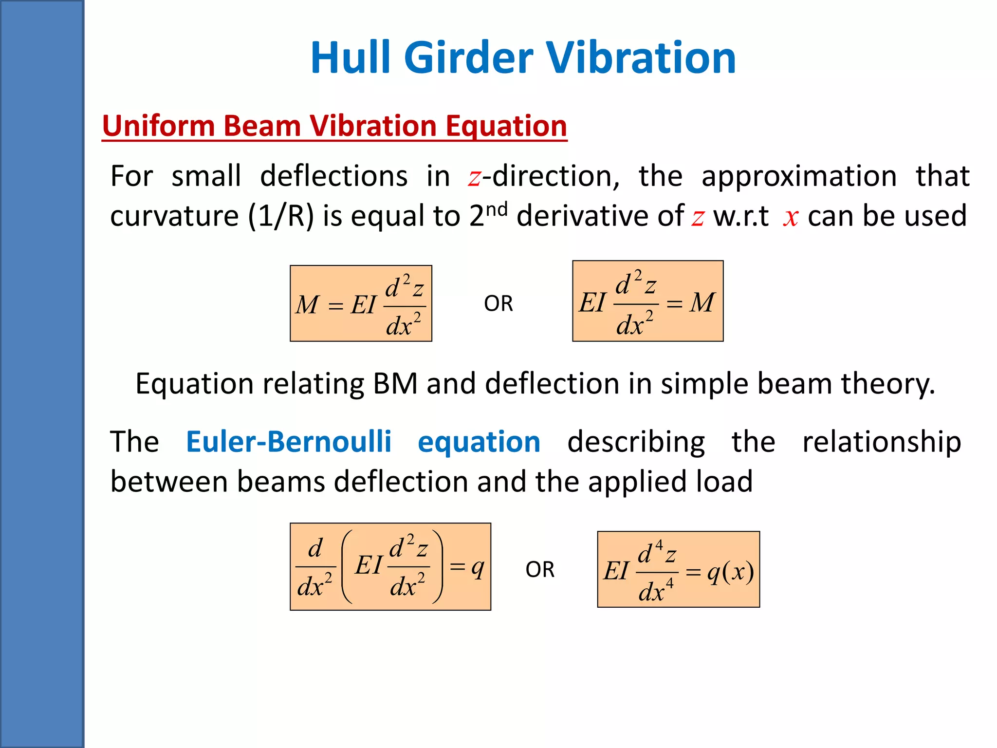 Hull Girder Vibration
Uniform Beam Vibration Equation
M
dx
zd
EI 2
2
For small deflections in z-direction, the approximation that
curvature (1/R) is equal to 2nd derivative of z w.r.t x can be used
2
2
dx
zd
EIM 
The Euler-Bernoulli equation describing the relationship
between beams deflection and the applied load
OR
q
dx
zd
EI
dx
d






2
2
2 )(4
4
xq
dx
zd
EI OR
Equation relating BM and deflection in simple beam theory.
 
