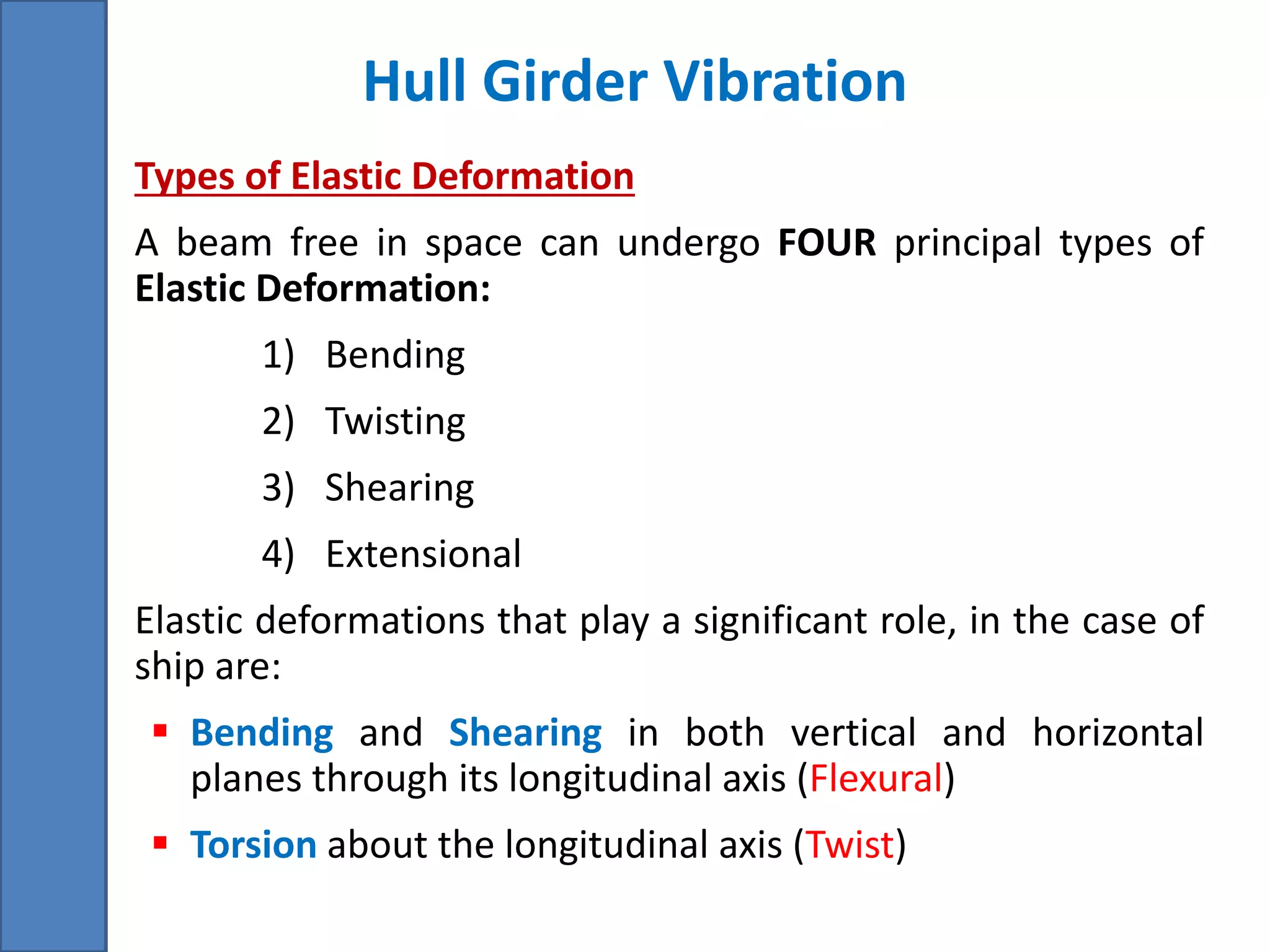 Hull Girder Vibration
• Types of Elastic Deformation
• A beam free in space can undergo FOUR principal types of
Elastic Deformation:
1) Bending
2) Twisting
3) Shearing
4) Extensional
• Elastic deformations that play a significant role, in the case of
ship are:
 Bending and Shearing in both vertical and horizontal
planes through its longitudinal axis (Flexural)
 Torsion about the longitudinal axis (Twist)
 