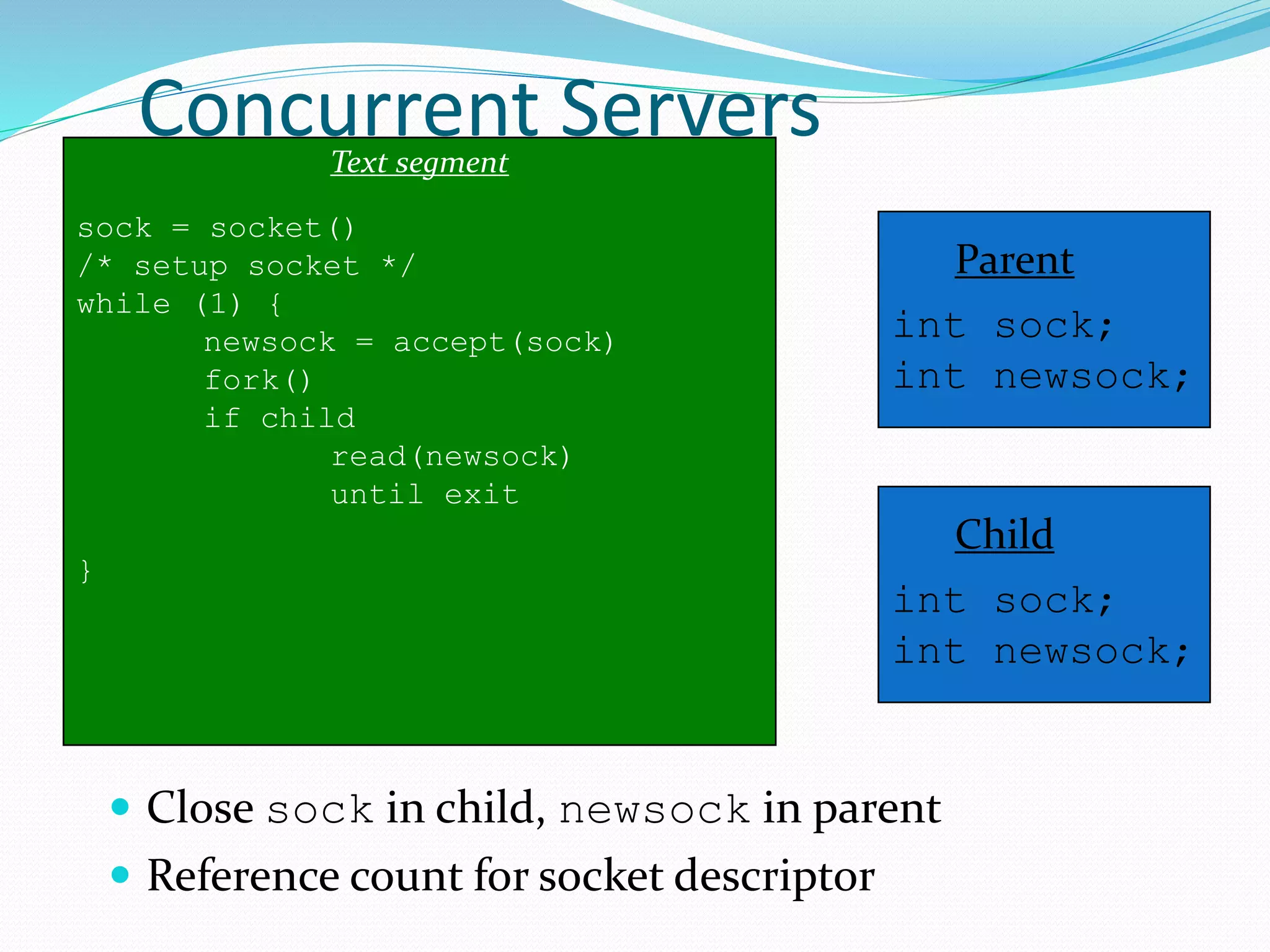 Concurrent Servers
 Close sock in child, newsock in parent
 Reference count for socket descriptor
Text segment
sock = socket()
/* setup socket */
while (1) {
newsock = accept(sock)
fork()
if child
read(newsock)
until exit
}
Parent
int sock;
int newsock;
Child
int sock;
int newsock;
 