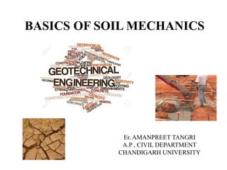 BASICS OF SOIL MECHANICS
Er. AMANPREET TANGRI
A.P , CIVIL DEPARTMENT
CHANDIGARH UNIVERSITY
 