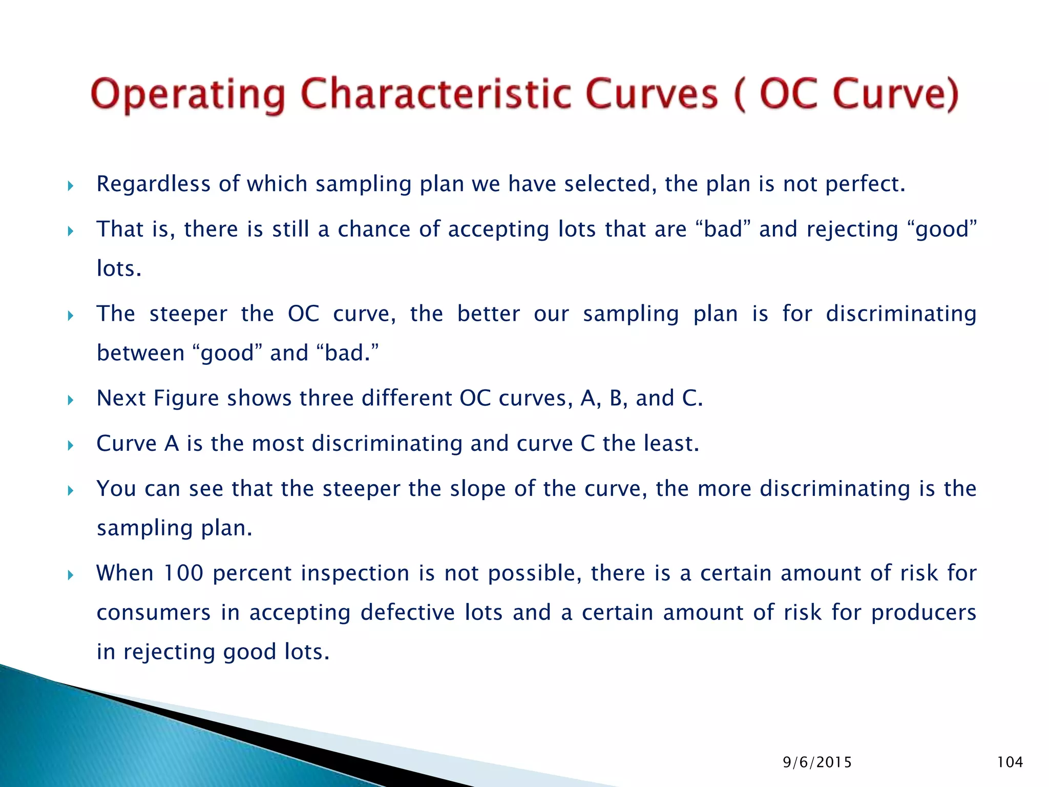  Regardless of which sampling plan we have selected, the plan is not perfect.
 That is, there is still a chance of accepting lots that are “bad” and rejecting “good”
lots.
 The steeper the OC curve, the better our sampling plan is for discriminating
between “good” and “bad.”
 Next Figure shows three different OC curves, A, B, and C.
 Curve A is the most discriminating and curve C the least.
 You can see that the steeper the slope of the curve, the more discriminating is the
sampling plan.
 When 100 percent inspection is not possible, there is a certain amount of risk for
consumers in accepting defective lots and a certain amount of risk for producers
in rejecting good lots.
9/6/2015 104
 