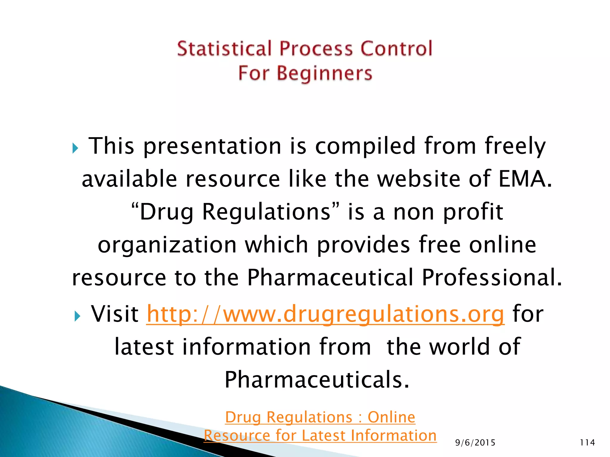  This presentation is compiled from freely
available resource like the website of EMA.
“Drug Regulations” is a non profit
organization which provides free online
resource to the Pharmaceutical Professional.
 Visit http://www.drugregulations.org for
latest information from the world of
Pharmaceuticals.
9/6/2015 114
Drug Regulations : Online
Resource for Latest Information
 