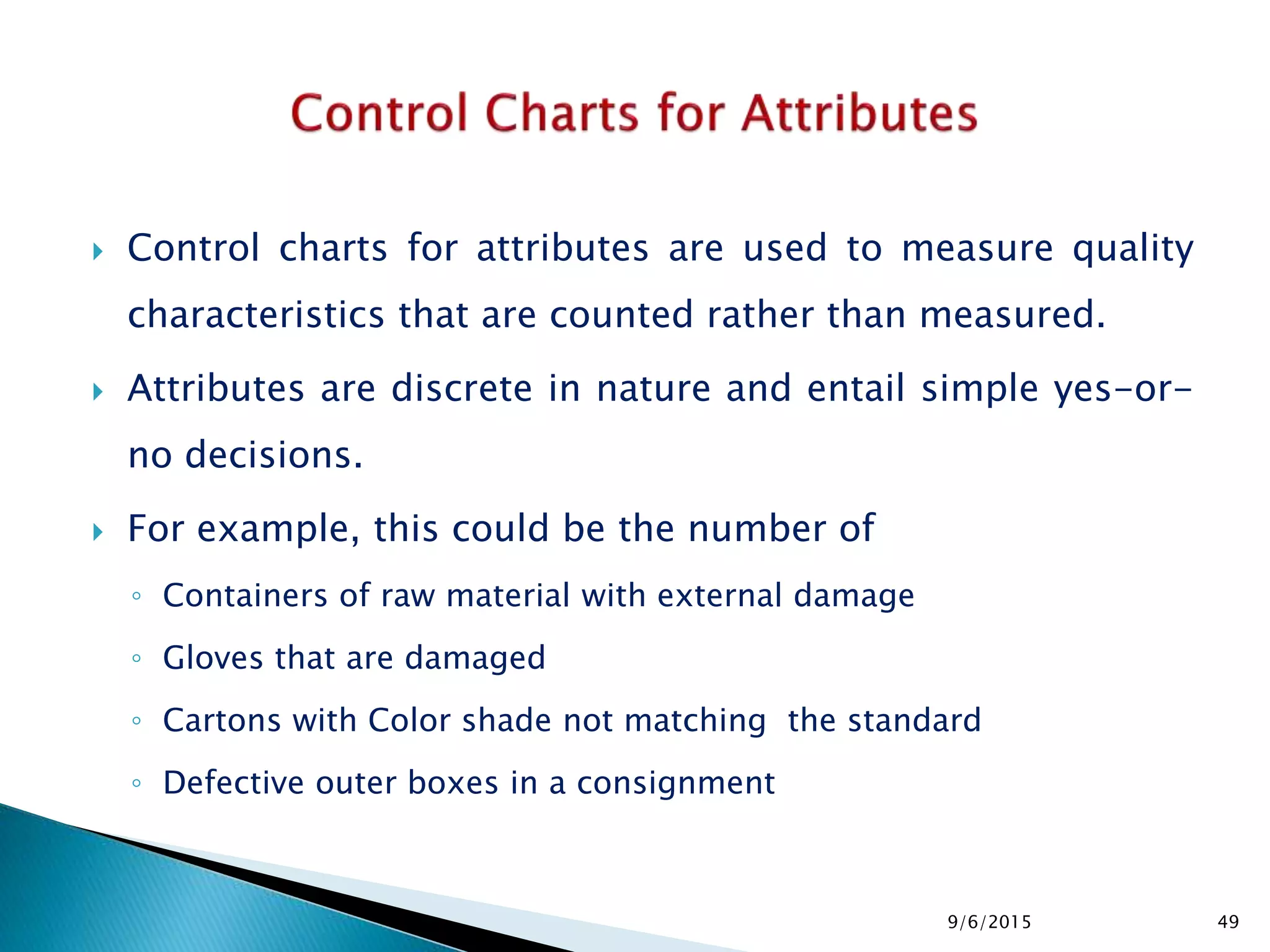  Control charts for attributes are used to measure quality
characteristics that are counted rather than measured.
 Attributes are discrete in nature and entail simple yes-or-
no decisions.
 For example, this could be the number of
◦ Containers of raw material with external damage
◦ Gloves that are damaged
◦ Cartons with Color shade not matching the standard
◦ Defective outer boxes in a consignment
9/6/2015 49
 