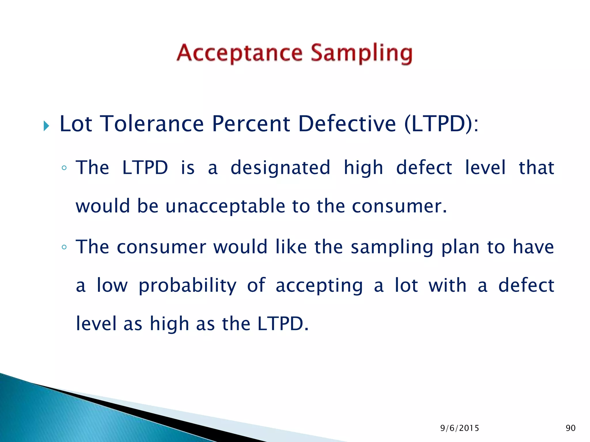  Lot Tolerance Percent Defective (LTPD):
◦ The LTPD is a designated high defect level that
would be unacceptable to the consumer.
◦ The consumer would like the sampling plan to have
a low probability of accepting a lot with a defect
level as high as the LTPD.
9/6/2015 90
 