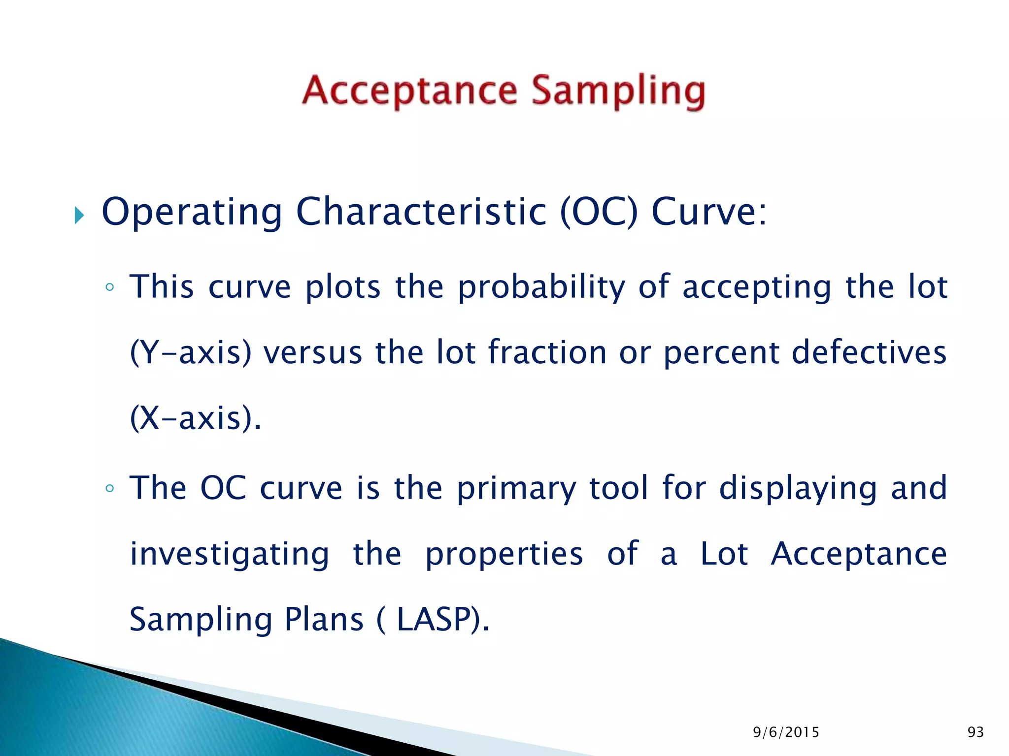  Operating Characteristic (OC) Curve:
◦ This curve plots the probability of accepting the lot
(Y-axis) versus the lot fraction or percent defectives
(X-axis).
◦ The OC curve is the primary tool for displaying and
investigating the properties of a Lot Acceptance
Sampling Plans ( LASP).
9/6/2015 93
 