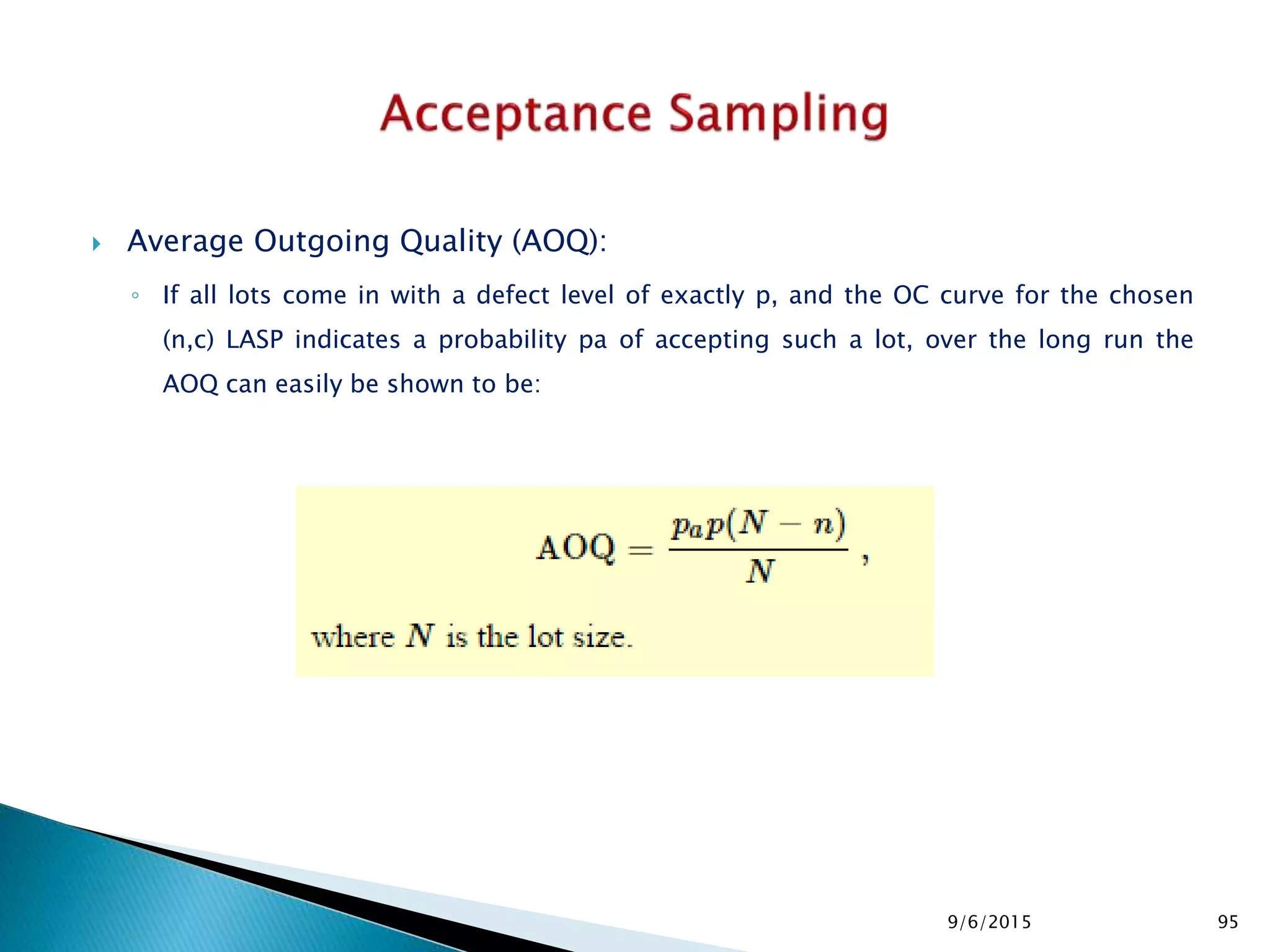  Average Outgoing Quality (AOQ):
◦ If all lots come in with a defect level of exactly p, and the OC curve for the chosen
(n,c) LASP indicates a probability pa of accepting such a lot, over the long run the
AOQ can easily be shown to be:
9/6/2015 95
 