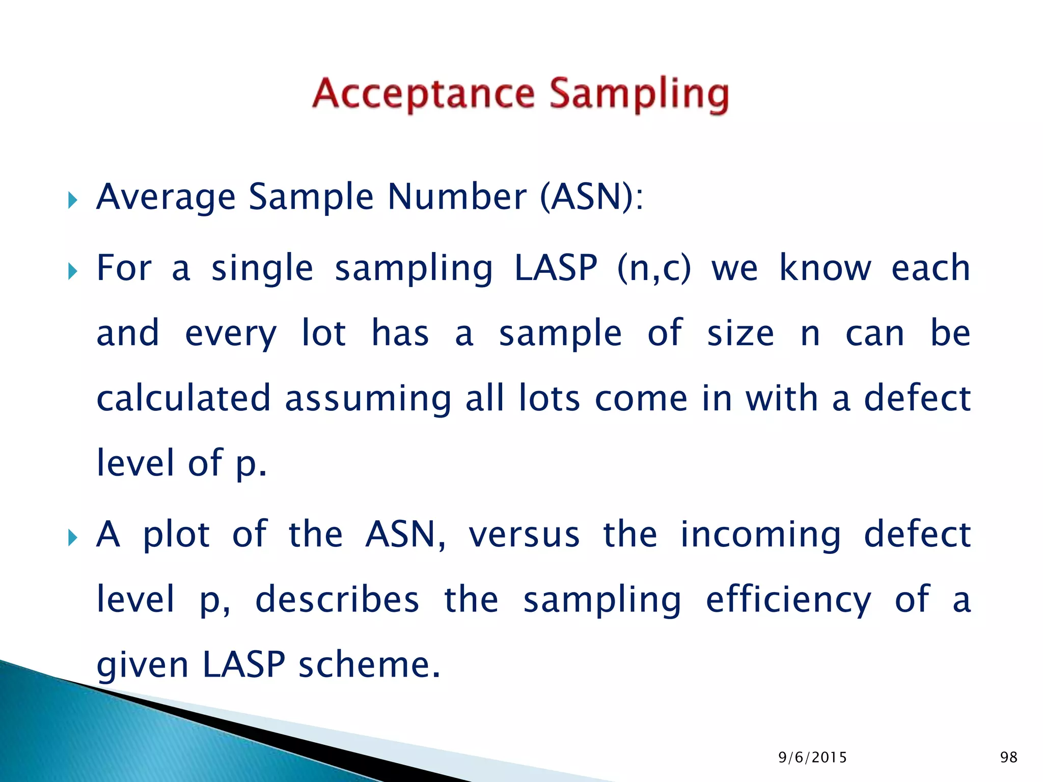  Average Sample Number (ASN):
 For a single sampling LASP (n,c) we know each
and every lot has a sample of size n can be
calculated assuming all lots come in with a defect
level of p.
 A plot of the ASN, versus the incoming defect
level p, describes the sampling efficiency of a
given LASP scheme.
9/6/2015 98
 