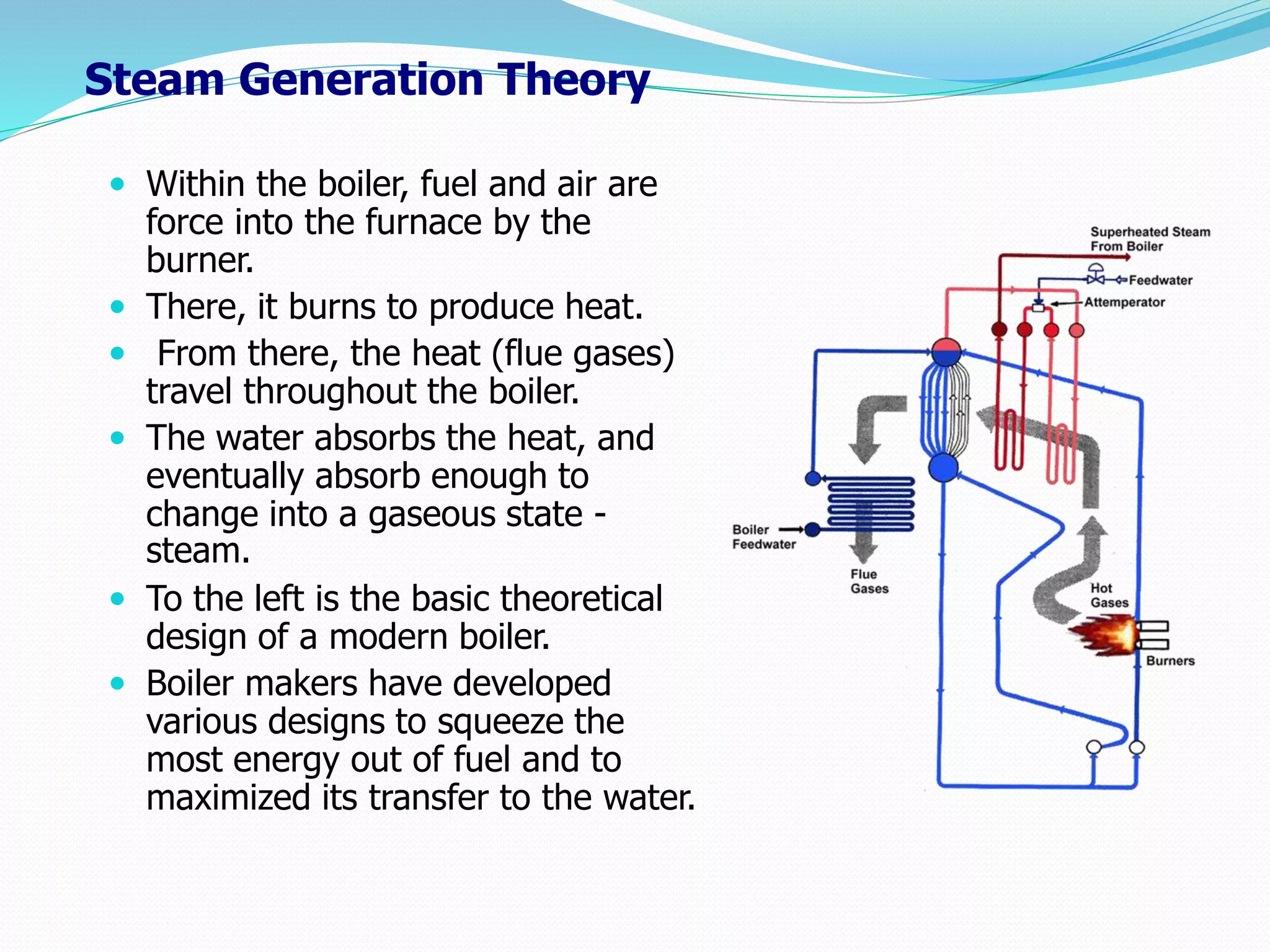 Steam Generation Theory
 Within the boiler, fuel and air are
force into the furnace by the
burner.
 There, it burns to produce heat.
 From there, the heat (flue gases)
travel throughout the boiler.
 The water absorbs the heat, and
eventually absorb enough to
change into a gaseous state -
steam.
 To the left is the basic theoretical
design of a modern boiler.
 Boiler makers have developed
various designs to squeeze the
most energy out of fuel and to
maximized its transfer to the water.
 