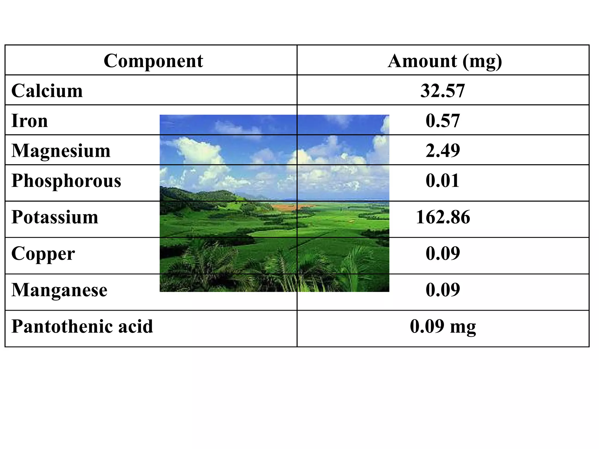 Component Amount (mg)
Calcium 32.57
Iron 0.57
Magnesium 2.49
Phosphorous 0.01
Potassium 162.86Potassium 162.86
Copper 0.09
Manganese 0.09
Pantothenic acid 0.09 mg
 