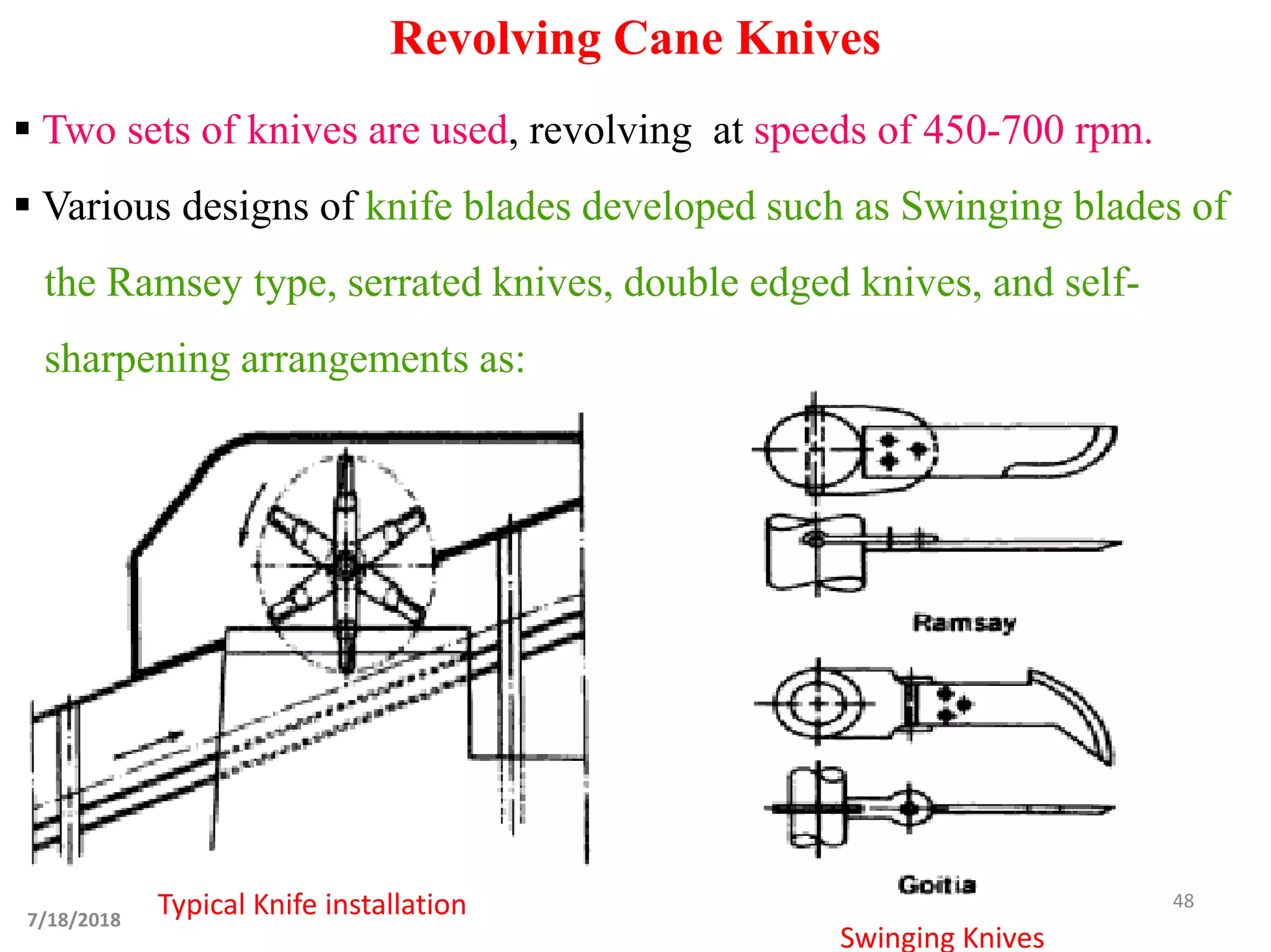  Two sets of knives are used, revolving at speeds of 450-700 rpm.
 Various designs of knife blades developed such as Swinging blades of
the Ramsey type, serrated knives, double edged knives, and self-
sharpening arrangements as:
Revolving Cane Knives
7/18/2018
48Typical Knife installation
Swinging Knives
 