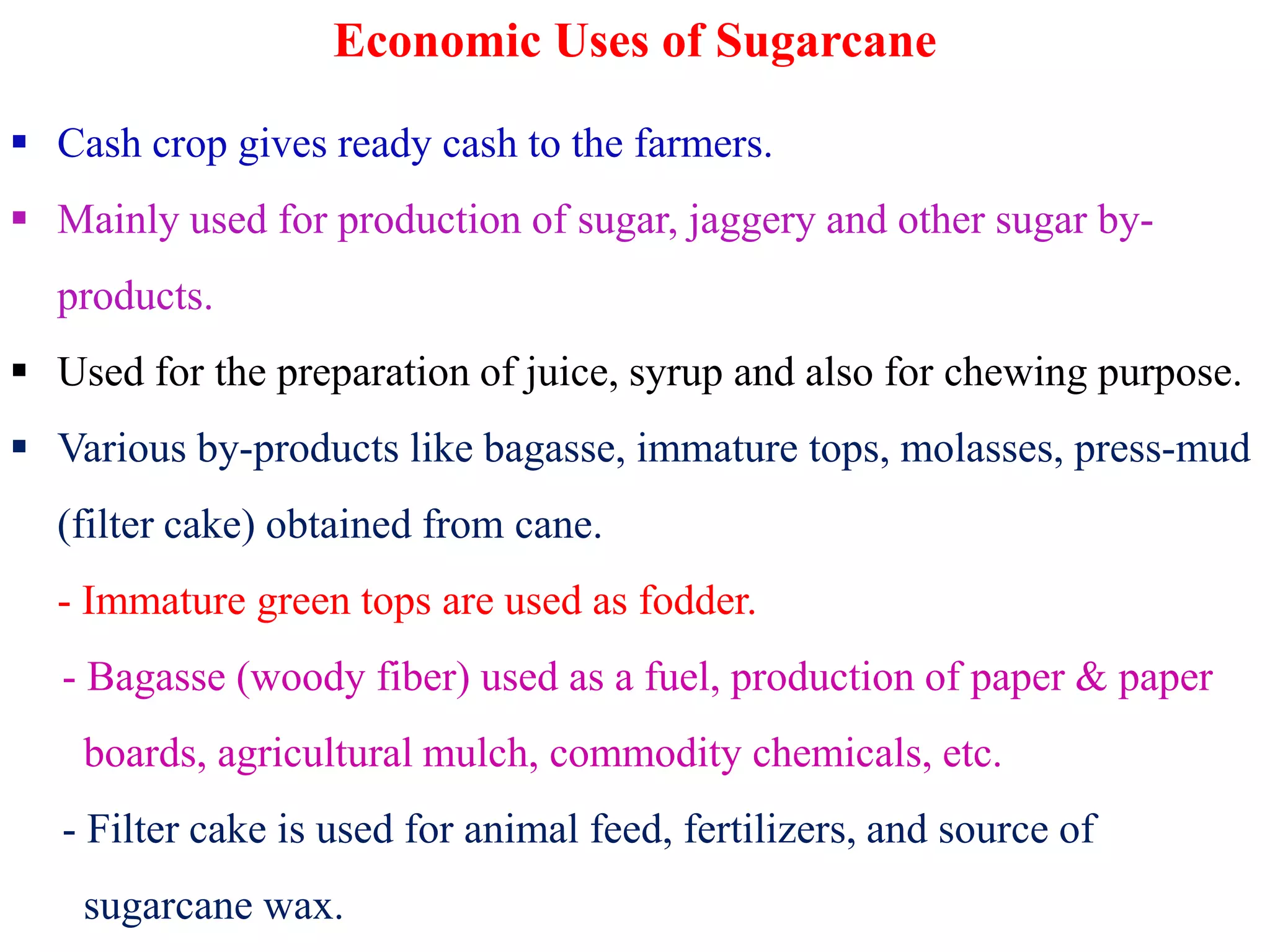 Economic Uses of Sugarcane
 Cash crop gives ready cash to the farmers.
 Mainly used for production of sugar, jaggery and other sugar by-
products.
 Used for the preparation of juice, syrup and also for chewing purpose.
 Various by-products like bagasse, immature tops, molasses, press-mud
(filter cake) obtained from cane.
- Immature green tops are used as fodder.
- Bagasse (woody fiber) used as a fuel, production of paper & paper
boards, agricultural mulch, commodity chemicals, etc.
- Filter cake is used for animal feed, fertilizers, and source of
sugarcane wax.
 