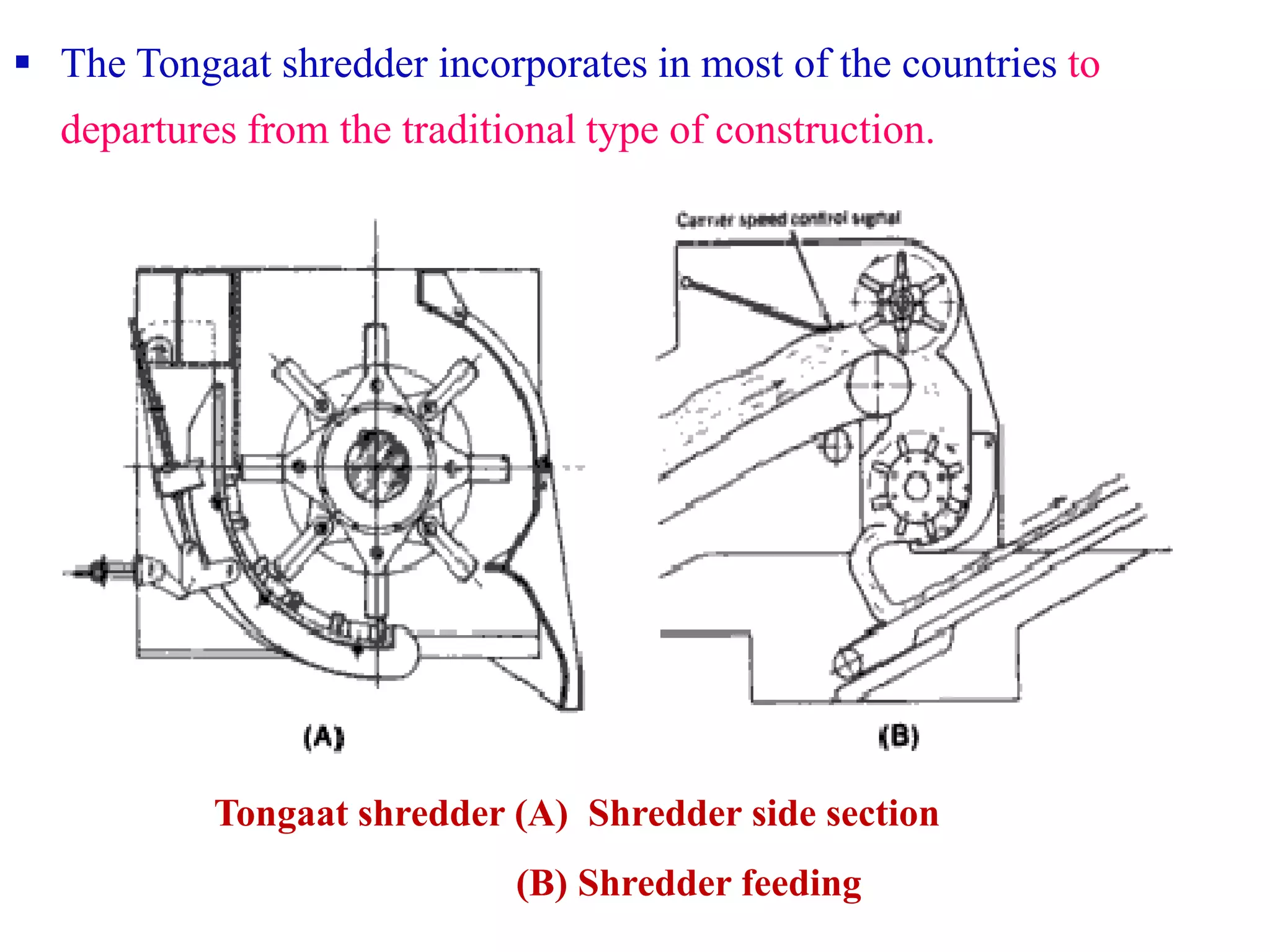  The Tongaat shredder incorporates in most of the countries to
departures from the traditional type of construction.
Tongaat shredder (A) Shredder side section
(B) Shredder feeding
 