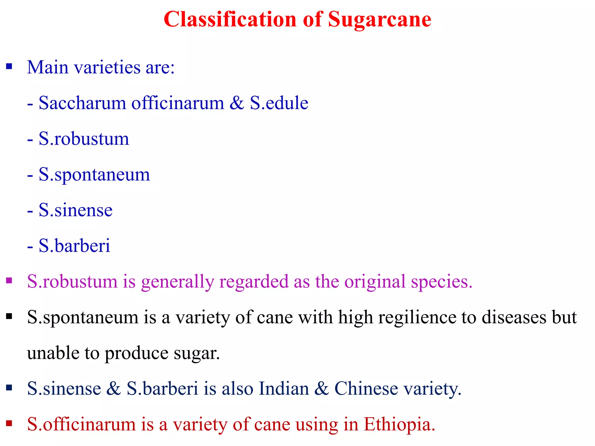 Classification of Sugarcane
 Main varieties are:
- Saccharum officinarum & S.edule
- S.robustum
- S.spontaneum
- S.sinense
- S.barberi
 S.robustum is generally regarded as the original species.
 S.spontaneum is a variety of cane with high regilience to diseases but
unable to produce sugar.
 S.sinense & S.barberi is also Indian & Chinese variety.
 S.officinarum is a variety of cane using in Ethiopia.
 