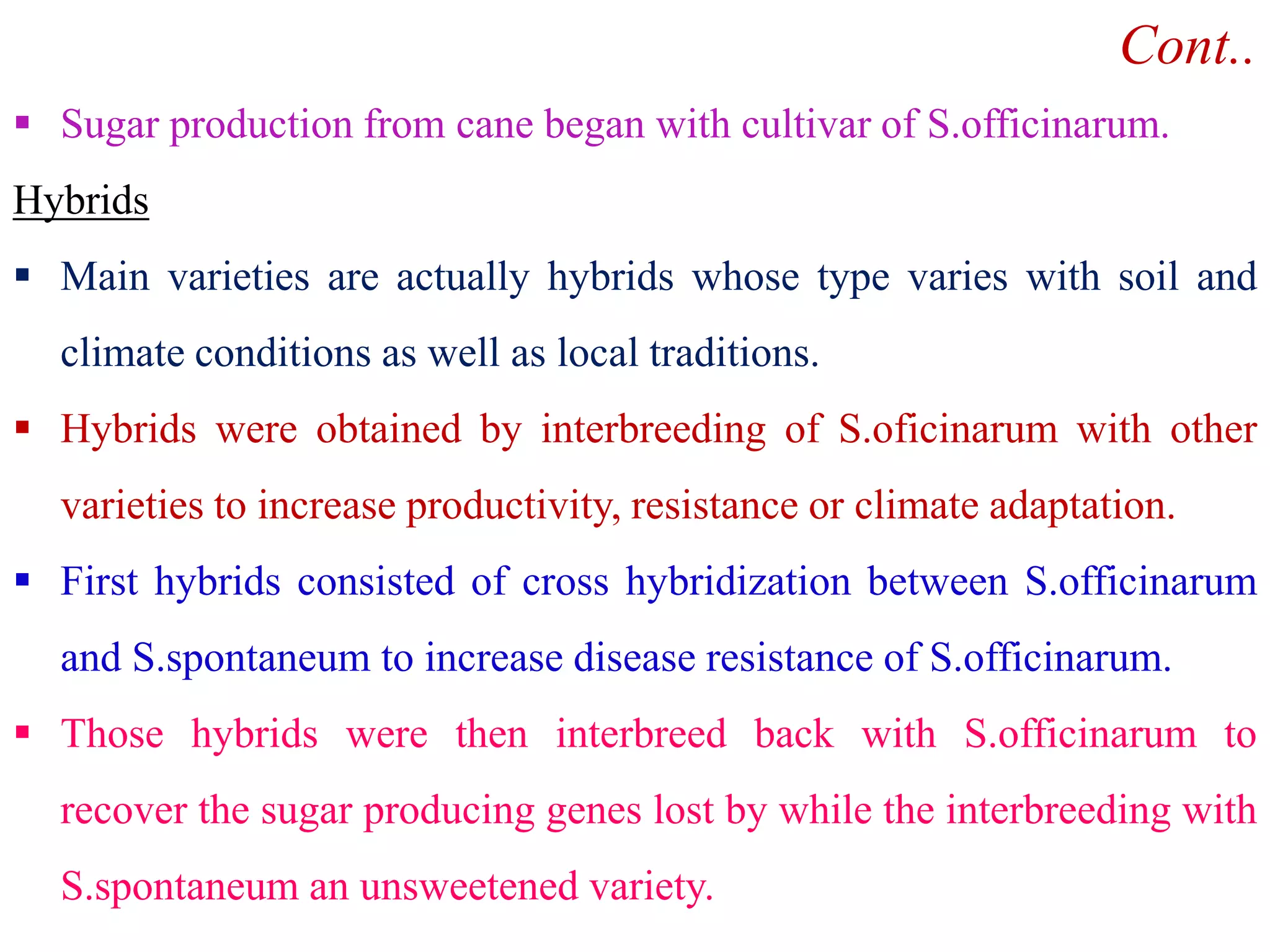  Sugar production from cane began with cultivar of S.officinarum.
Hybrids
 Main varieties are actually hybrids whose type varies with soil and
climate conditions as well as local traditions.
 Hybrids were obtained by interbreeding of S.oficinarum with other
Cont..
varieties to increase productivity, resistance or climate adaptation.
 First hybrids consisted of cross hybridization between S.officinarum
and S.spontaneum to increase disease resistance of S.officinarum.
 Those hybrids were then interbreed back with S.officinarum to
recover the sugar producing genes lost by while the interbreeding with
S.spontaneum an unsweetened variety.
 