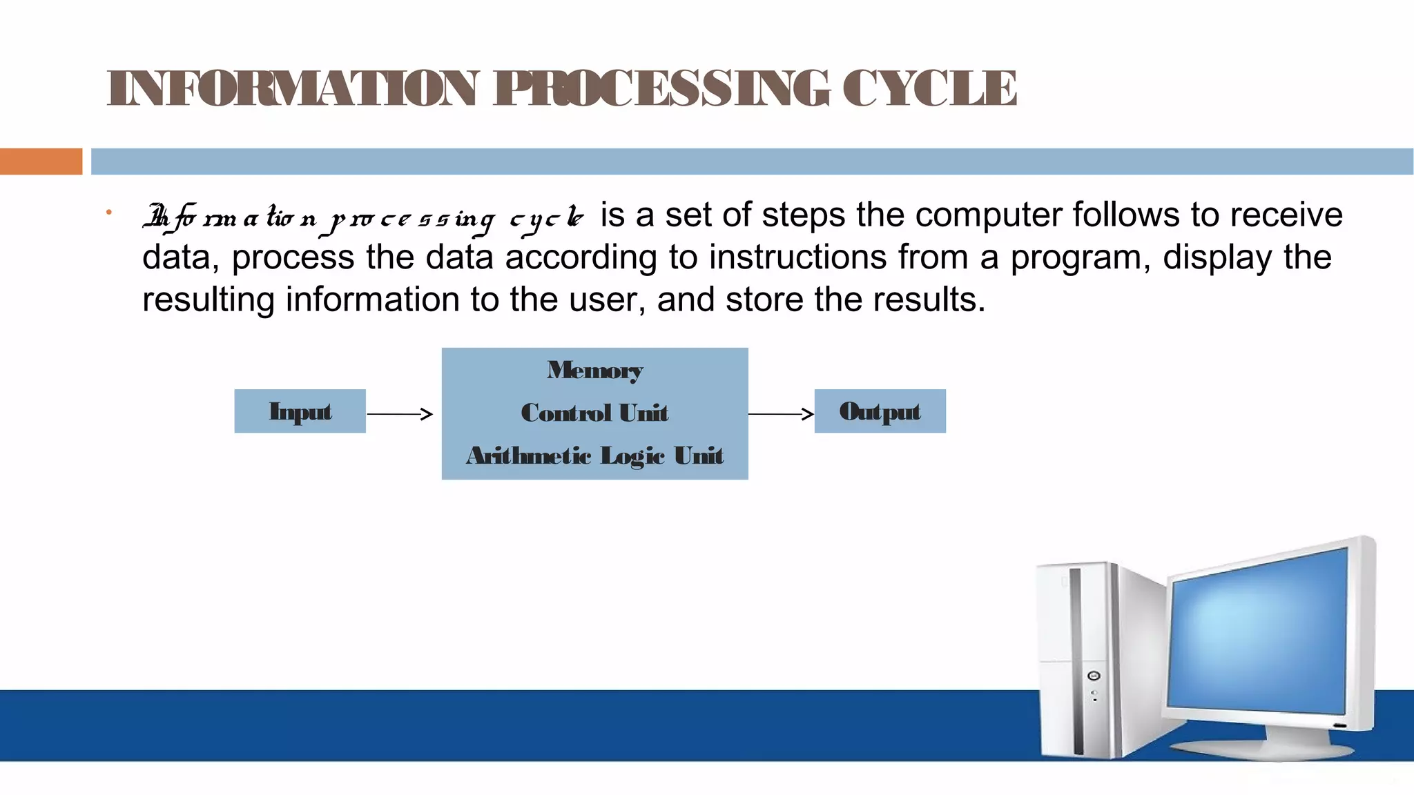 INFORMATION PROCESSING CYCLE
• Info rm atio n pro ce ssing cycle is a set of steps the computer follows to receive
data, process the data according to instructions from a program, display the
resulting information to the user, and store the results.
Memory
Control Unit
Arithmetic Logic Unit
Input Output
 