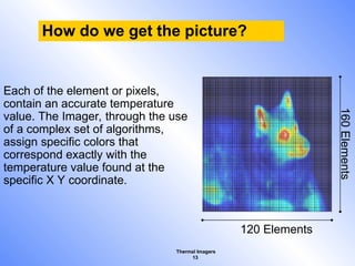 Thermal Imagers
13
How do we get the picture?
120 Elements
160
Elements
Each of the element or pixels,
contain an accurate temperature
value. The Imager, through the use
of a complex set of algorithms,
assign specific colors that
correspond exactly with the
temperature value found at the
specific X Y coordinate.
 