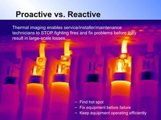 Thermal Imagers
32
Thermal imaging enables service/installer/maintenance
technicians to STOP fighting fires and fix problems before they
result in large-scale losses.
– Find hot spot
– Fix equipment before failure
– Keep equipment operating efficiently
Proactive vs. Reactive
 