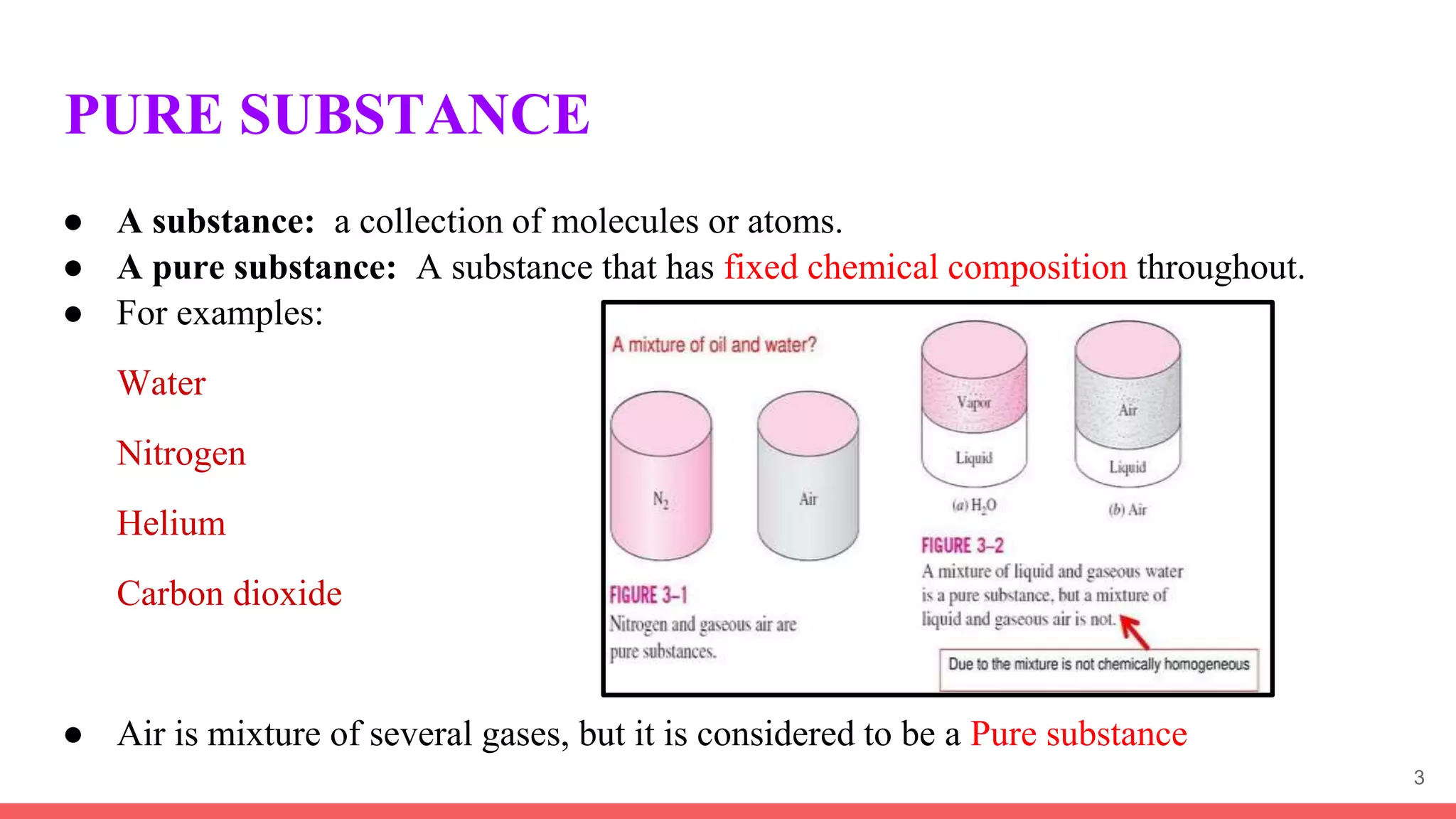 PURE SUBSTANCE
● A substance: a collection of molecules or atoms.
● A pure substance: A substance that has fixed chemical composition throughout.
● For examples:
Water
Nitrogen
Helium
Carbon dioxide
● Air is mixture of several gases, but it is considered to be a Pure substance
3
 