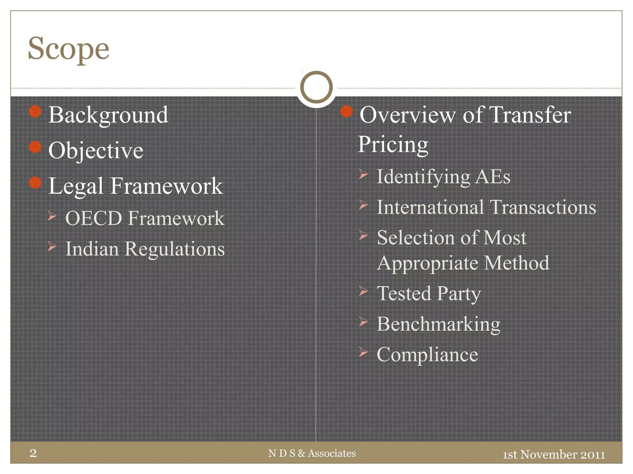 Scope
1st November 2011N D S & Associates2
Background
Objective
Legal Framework
 OECD Framework
 Indian Regulations
Overview of Transfer
Pricing
 Identifying AEs
 International Transactions
 Selection of Most
Appropriate Method
 Tested Party
 Benchmarking
 Compliance
 