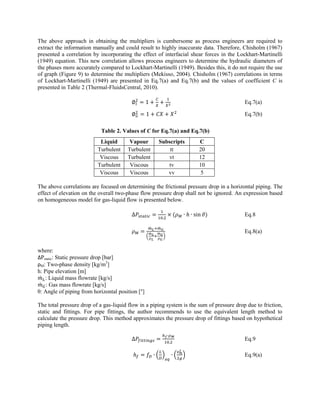 The above approach in obtaining the multipliers is cumbersome as process engineers are required to
extract the information manually and could result to highly inaccurate data. Therefore, Chisholm (1967)
presented a correlation by incorporating the effect of interfacial shear forces in the Lockhart-Martinelli
(1949) equation. This new correlation allows process engineers to determine the hydraulic diameters of
the phases more accurately compared to Lockhart-Martinelli (1949). Besides this, it do not require the use
of graph (Figure 9) to determine the multipliers (Mekisso, 2004). Chisholm (1967) correlations in terms
of Lockhart-Martinelli (1949) are presented in Eq.7(a) and Eq.7(b) and the values of coefficient C is
presented in Table 2 (Thermal-FluidsCentral, 2010).
Eq.7(a)
Eq.7(b)
Table 2. Values of C for Eq.7(a) and Eq.7(b)
Liquid Vapour Subscripts C
Turbulent Turbulent tt 20
Viscous Turbulent vt 12
Turbulent Viscous tv 10
Viscous Viscous vv 5
The above correlations are focused on determining the frictional pressure drop in a horizontal piping. The
effect of elevation on the overall two-phase flow pressure drop shall not be ignored. An expression based
on homogeneous model for gas-liquid flow is presented below.
( ) Eq.8
̇ ̇
(
̇ ̇
)
Eq.8(a)
where:
ΔPstatic: Static pressure drop [bar]
ρM: Two-phase density [kg/m3
]
h: Pipe elevation [m]
̇ : Liquid mass flowrate [kg/s]
̇ : Gas mass flowrate [kg/s]
θ: Angle of piping from horizontal position [°]
The total pressure drop of a gas-liquid flow in a piping system is the sum of pressure drop due to friction,
static and fittings. For pipe fittings, the author recommends to use the equivalent length method to
calculate the pressure drop. This method approximates the pressure drop of fittings based on hypothetical
piping length.
Eq.9
( ) ( ) Eq.9(a)
 