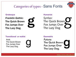 Categoriesof types - Sans Fonts
Grotesque
Transitional or realist
Humanist
Geometric
Arial:
The Quick Brown
Fox Jumps Over
The Lazy Dog.
g
https://www.veda-edu.com
 