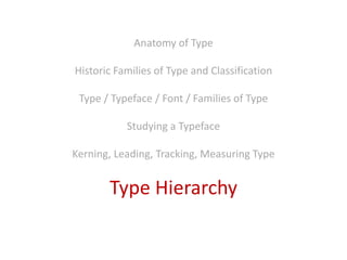 Anatomy of Type
Historic Families of Type and Classification
Type / Typeface / Font / Families of Type
Studying a Typeface
Kerning, Leading, Tracking, Measuring Type
Type Hierarchy
 