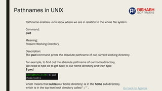 Go back to Agenda
Pathname enables us to know where we are in relation to the whole file system.
Command:
pwd
Meaning:
Present Working Directory
Description:
The pwd command prints the absolute pathname of our current working directory.
For example, to find out the absolute pathname of our home-directory,
We need to type cd to get back to our home-directory and then type
$ pwd
which means that subra (our home directory) is in the home sub-directory,
which is in the top-level root directory called " / " .
Pathnames in UNIX
 