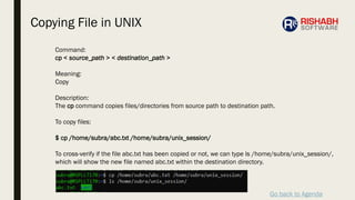 Go back to Agenda
Command:
cp < source_path > < destination_path >
Meaning:
Copy
Description:
The cp command copies files/directories from source path to destination path.
To copy files:
$ cp /home/subra/abc.txt /home/subra/unix_session/
To cross-verify if the file abc.txt has been copied or not, we can type ls /home/subra/unix_session/,
which will show the new file named abc.txt within the destination directory.
Copying File in UNIX
 