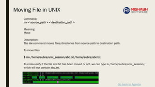 Go back to Agenda
Command:
mv < source_path > < destination_path >
Meaning:
Move
Description:
The mv command moves files/directories from source path to destination path.
To move files:
$ mv /home/subra/unix_session/abc.txt /home/subra/abc.txt
To cross-verify if the file abc.txt has been moved or not, we can type ls /home/subra/unix_session/,
which will not contain abc.txt.
Moving File in UNIX
 